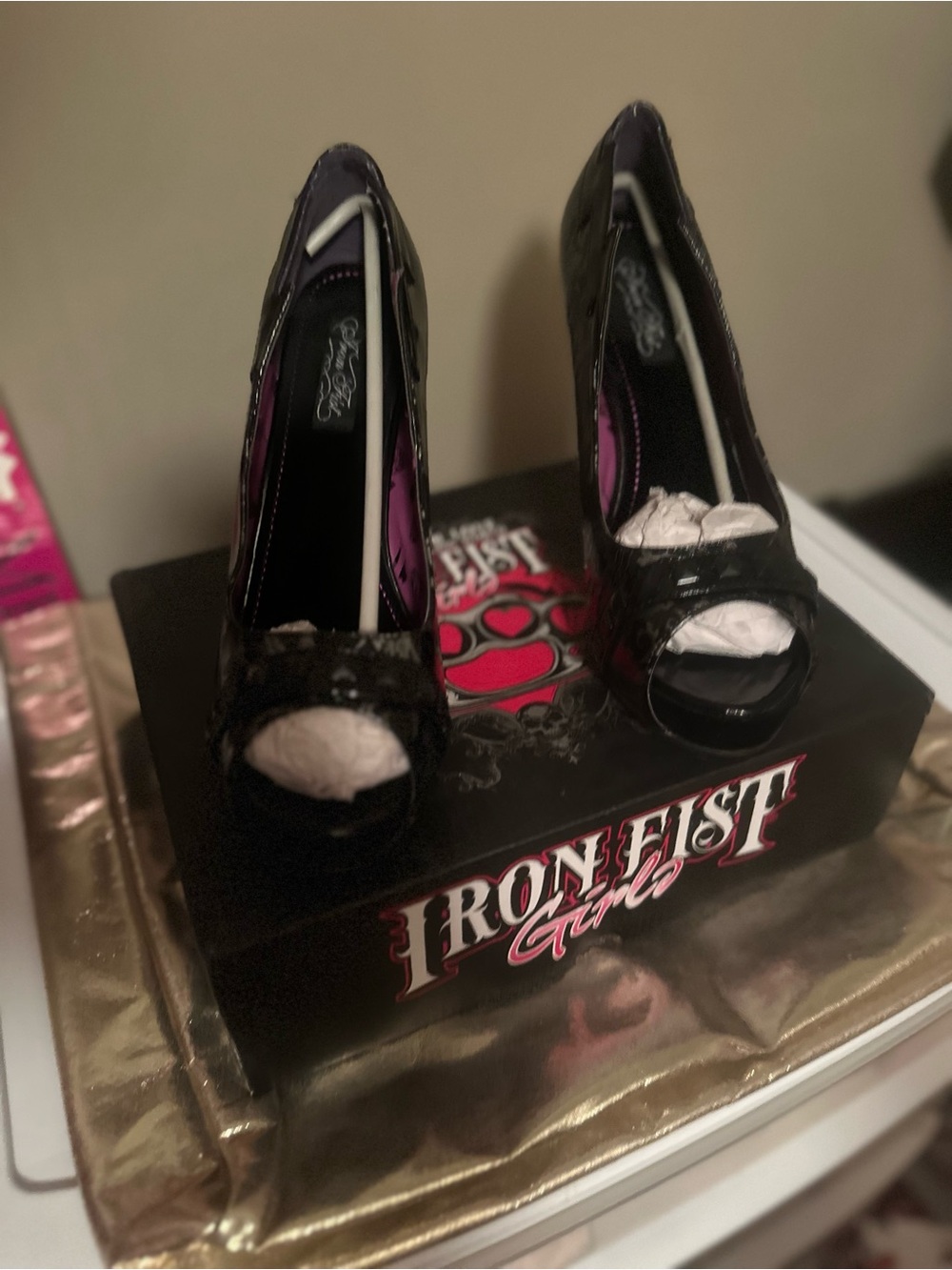 Iron Fist Black Patent Peep-Toe Platform Heels